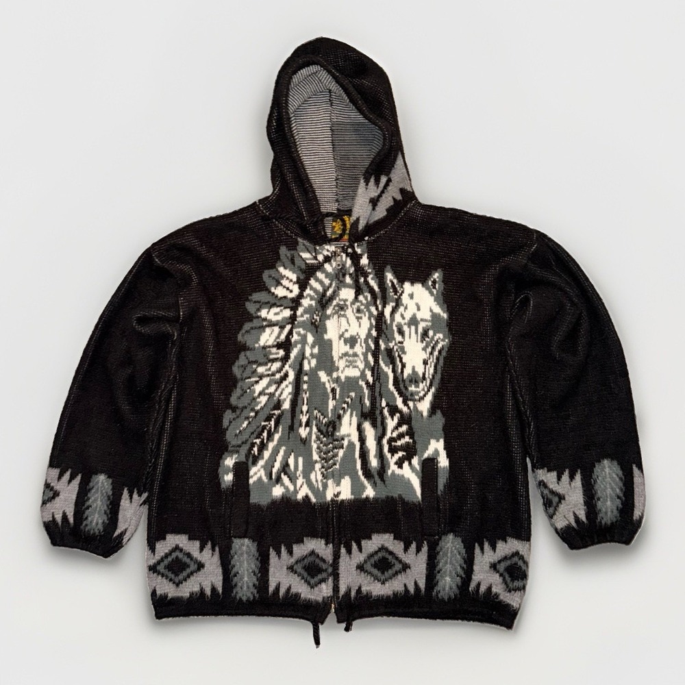 Tejidos Ruminahui Indian Wolf Alpaca Wool Zipper HoodieSweater Cardigan Size L